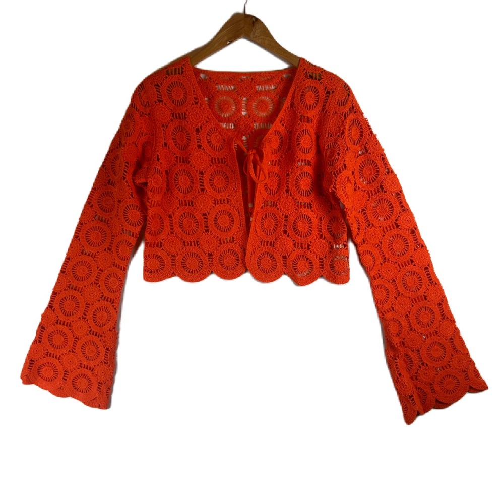 Missguided Orange Crochet Cardigan Long Bell Sleeve Cropped Tie Front Small NEW